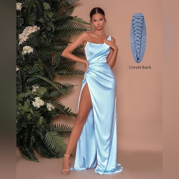 Satin One Shoulder Dress Long with Slit Ruched Mermaid Formal Evening Event Gown - Picture 2 of 10